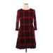 Tahari by ASL Casual Dress - A-Line Crew Neck 3/4 sleeves: Burgundy Plaid Dresses - Women's Size 12