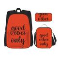 SUHNGE Good Vibes Only Print School Backpack Adjustable Shoulder Straps,Lunch Bag Pencil Case 3-in-1 Set Bag