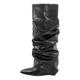 blingqueen Wedge Heel Knee High Boots for Women Pull On Slouch Ruched Boots Sexy Pointed Toe Wide Calf Boots Pointy Slide Wedge Boots Chunky Block Heels Closed Toe Block Boots Slouchy Black Size 2