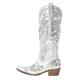 blingqueen Metalllic Boots Cowboy Boots for Women Embroidered Cowgirl Boots Zip Up Knee High Boots Wide Calf Boots Block Chunky Heel Studded Diamond Heel Crystal Rhinestone Western Boots Silver Size 8