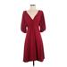 Max Studio Casual Dress - A-Line V Neck 3/4 sleeves: Burgundy Solid Dresses - Women's Size Medium