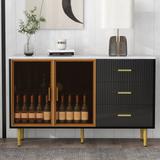 Sideboard MDF Buffet Cabinet Marble Sticker Tabletop and Amber-yellow Tempered Glass Doors with Gold Metal Legs & Handles