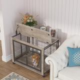 Furniture Style Dog Crate Side Table on Wheels with Double Doors and Lift Top,Grey,38.58''w x 25.5''d x 27.36''h