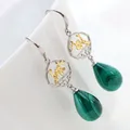 Boucles d'Oreilles Ethniques Rétro en Argent Sterling 925 Incrustées de Malachite Naturelle