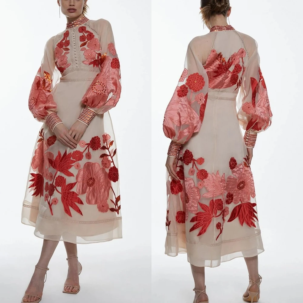 CustomizedJiayigong Prom Exquisite High Collar A-line Flowers Button Organza Bespoke Occasion Dresses