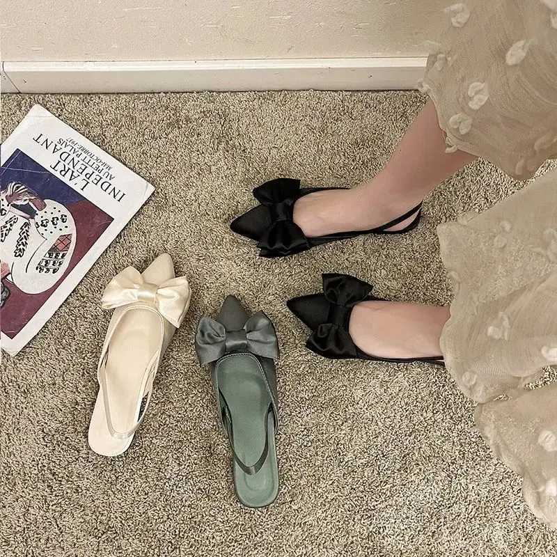 Schuhe Spitzschuh-Sandalen für Damen, geschlossene Damenschuhe, flaches Gummi, Sommer 2025, ohne Absatz, Schleife, Grün, das beste Vip F im Angebot H