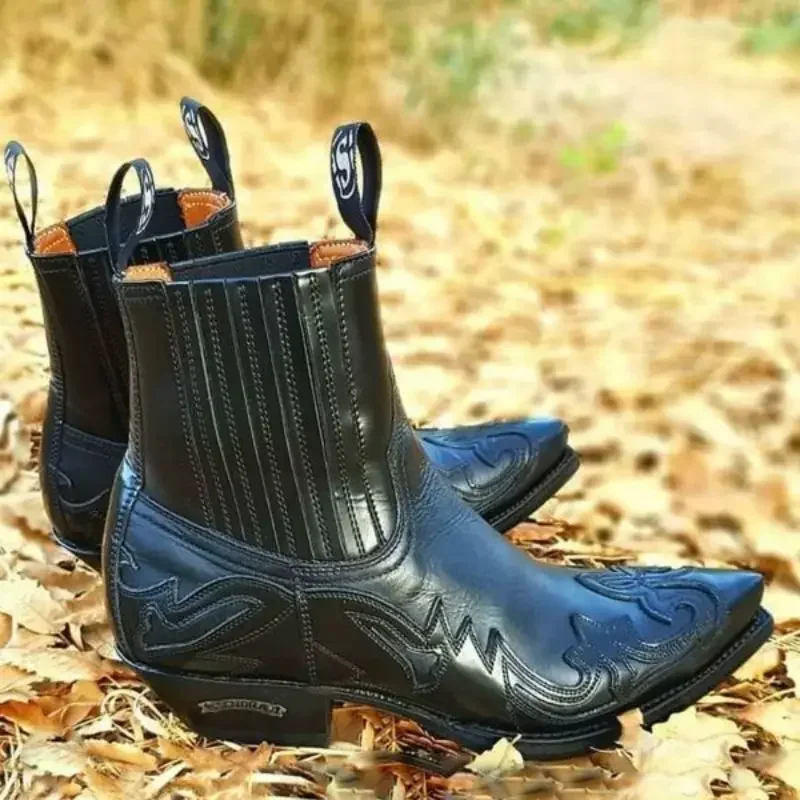 Western Cowboy Burnt Flower Herrenstiefel Schwarz Braun Handgefertigte Chelsea-Stiefel für Herren Größe 38-48