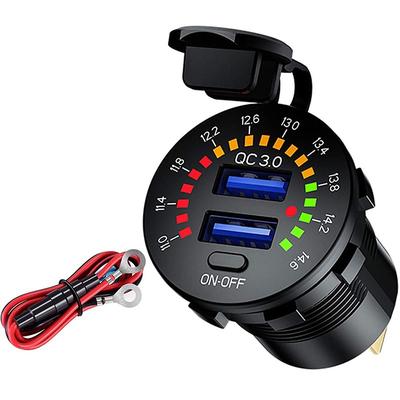 36W Dual USB QC3.0 Car Charger 12V USB Outlet Quick Charging Power Socket with Colorful Digital Voltmeter ON/Off Switch 10A Built-in Fuse for Vehicles Motorcycles Marine Boat ATV Bus Truck