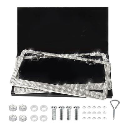 2 Pack Bling License Plate Frames for Women Sparkly Rhinestone Diamond Car Accessories for Women Handcrafted Stainless Steel Car License Plate Cover with Glitter Crystal Caps