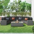 8-Piece Wicker Round Sofa Set Modern Multi-Function Outdoor Sectional Sofa Couch with Rectangular Coffee Table and Movable Cushion All Weather Conversation Set Gray