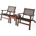 3 PCS Patio Conversation Set Solid Eucalyptus Wood Frame Outdoor Wicker Furniture Set Bistro Set with Coffee Table Rattan Furniture Set for Backyard Porch Garden Poolside Balcony (Brown