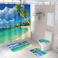 4Pcs Ocean Beach Shower Curtain Set Palm Tree Tropical Green Plant Sea Wave Scenic Hawaii Seaside Island Costal Summer Nature Scenery Bathroom Toilet Lid Cover Non-Slip Rugs 12 Hooks