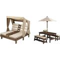 KEERDAO Wooden Outdoor Double Chaise Lounge & Outdoor Wooden Table & Bench Set with Cushions and Umbrella Kids Backyard Furniture Espresso with Oatmeal and White Stripe Fabric Gift for Ages 3-8