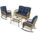 MEETWARM 4 Pieces Outdoor Wicker Patio Conversation Sets with Glider Loveseat 2 Chairs with Glass-Top Coffee Table Wicker Rocking Chair Set Wicker Conversation Set w/Thickened Cushions Navy Blue