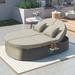 2-Person Outdoor Daybed Patio Sofa Bed with Cushions and Pillows Rattan Garden Reclining Chaise Lounge with Adjustable Backrests and Foldable Cup Trays for Lawn Poolside Gray