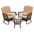 3 Pieces Rattan Rocking Charis with Table for Porch Outdoor Patio Furniture Adjustable Rattan Recliner Chairs PE Wicker Patio Furniture Set(Beige)