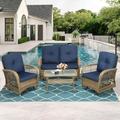 MEETWARM 4 Pieces Outdoor Wicker Patio Conversation Sets with Glider Loveseat 2 Chairs with Glass-Top Coffee Table Wicker Rocking Glider Set Wicker Conversation Set w/Thickened Cushions Navy Blue