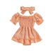 Emmababy Short Sleeve Off-shoulder Pleated Dress with Headband Set for Baby Girls