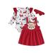 Lieserram Baby Toddler Girls 3 Piece Outfit 0 3 6 9 12 18 Months Christmas Elk Print Ribbed Romper and Corduroy Suspender Dress Cute Headband Fall Clothes Set
