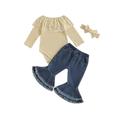 Suanret Toddler Baby Girls 3PCS Jeans Outfits Lace Patchwork Off-Shoulder Romper Denim Flared Pants Headband Beige 18-24 Months