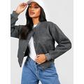 Boohoo Wool Look Crop Bomber Jacket - Charcoal