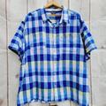 Columbia Shirts | Columbia Blue Plaid Linen Cotton Short Sleeve Pfg Button Down Shirt Size Xxl | Color: Blue/White | Size: Xxl