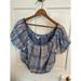 American Eagle Outfitters Tops | American Eagle Blue Plaid Off The Shoulder Puff Sleeve Peasant Crop Top, Large | Color: Blue/Cream | Size: L