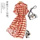 Rotes Herz Plaid Vintage Polo-Ausschnitt Kurzarm A-Linie lose Schnürung Damen kleid koreanische Mode