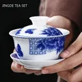 JINGDEZHEN-Tasse à thé Gaiwan en porcelaine blanche bleu et blanc en céramique peinte à la main