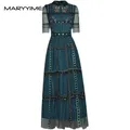 Maryyimei Modedesigner Damen Turn-Down-Kragen hohe Taille Streifen Stickerei Vintage Mesh Kleid