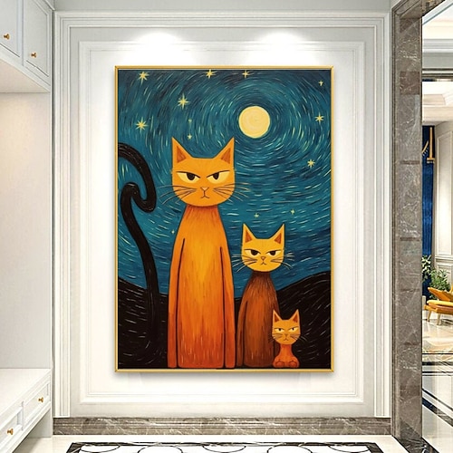 handgemalter Ölgemälde, Leinwand, Wandkunst, Dekoration, abstraktes Messergemälde, Sternenkatze im Van-Gogh-Stil, für Heimdekoration, gerolltes, rahmenloses, ungedehntes Gemälde Image
