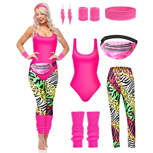 Retro Vintage Knallpink Outfits Kostüm Damen Karnevalskostüm Halloween Karneval Maskerade Party / Abend Junggesellinnenabschiedsparty Pride Parade Erwachsene Trikot / Einteiler Hose Beinwärmer Image