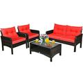 Barara King 4 Pieces Outdoor Rattan Wicker Loveseat Furniture Set with Cushions Patio Garden Lawn Cushioned Seat Wicker Patio sectional Furniture Sets-Red