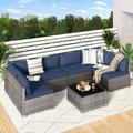 JOMEED 7 Piece Outdoor Patio Furniture Set PE Rattan Wicker Sofa Set Outdoor Sectional Furniture Chair Set with Cushions and Tempered Glass Tea Table for Garden Poolside and Porchâ€¦