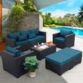 Patio Set 6 Pieces Outdoor Sets Patio Couch Outdoor Chairs Coffee Table Peacock Blue Anti-Slip Cushions and Waterproof Covers