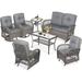 MEETWARM 7 Pieces Outdoor Patio Rattan Furniture Sets All Weather Patio Wicker Conversation Set- 2 Rocking Glider 2 Swivel Chairs 1 Loveseat Glider w/Cushions 2 Glass-Top Coffee Table Gray