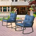 3 Pieces Set Outdoor Rocking Chair w Blue Cusion for Yard Garden Poolside