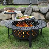 Fire Pit with 2 Grills Wood Burning Fire Pits for Outside with Lid Poker and Round Waterproof Cover BBQ& Outdoor Firepit & Round Metal Table 3 in 1 for Patio Picnic Party