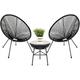 YFENGBO 3-Piece Outdoor Acapulco All-Weather Patio Conversation Bistro Set w/Plastic Rope Glass Top Table and 2 Chairs - Black