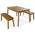 3 Piece Wood Dining Table Bench Set Patio Furniture Dining Table with 2 Benches Outdoor Lounge Furniture