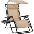 Folding Zero Gravity Outdoor Recliner Patio Lounge Chair w/Adjustable Canopy Shade Headrest Side Accessory Tray Textilene Mesh - Beige