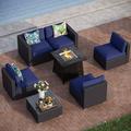 PHI VILLA Patio Furniture Set 9 Pieces Outdoor Sectional Rattan Sofa with Gas Fire Pit Table Wicker Patio Conversation Set with Coffee Table CSA Approved Propane Fire Pit(Furniture Cove