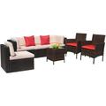 7 Pieces Patio Sets All Weather Sectional Sofa Wicker Rattan Patio Conversation Set with Chairs and Glass Table (Red)