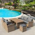 PRASLINA 6 Piece Patio Set-Outdoor Wicker Sofa Set 7 Person Sitting Group Conversation Sofa with Cushions PE Rattan Patio Sectional for Backyard Dark Brown Wicker+Biege Cushions