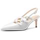 HDEUOLM Womens Mid Kitten Heel Pointed Toe Sandals Pumps Court Shoe Ankle Strap Slingback Buckle Prom Dress Patent Leather Summer 6 CM Heels White 8.5 UK