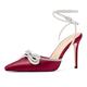 HDEUOLM Womens Stiletto High Heel Pointed Toe Sandals Pumps Court Shoe Ankle Strap Rhinestone Crystal Bow-knot Wedding Cute Satin Summer 10 CM Heels Burgundy Red 6.5 UK