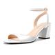 HDEUOLM Womens Chunky Block Mid Heel Open Round Toe Sandals Ankle Strap Buckle Casual Basic Classic Patent Leather Summer 6.5 CM Heels White 8.5 UK