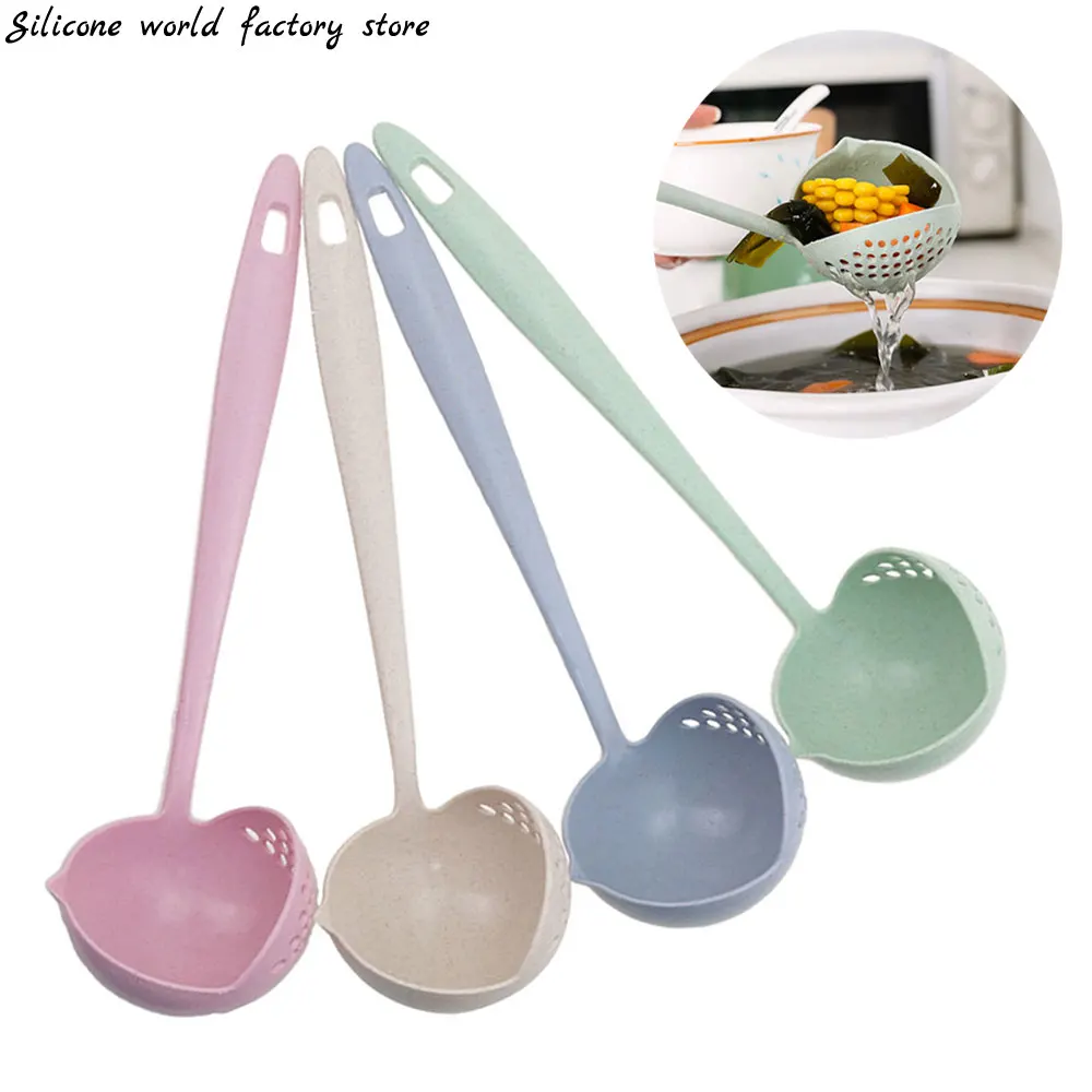 Cuillère à soupe en silicone 2 en 1, longue poignée, Passoire de cuisine, Cuillère de cuisine, Ustensiles de cuisine en plastique