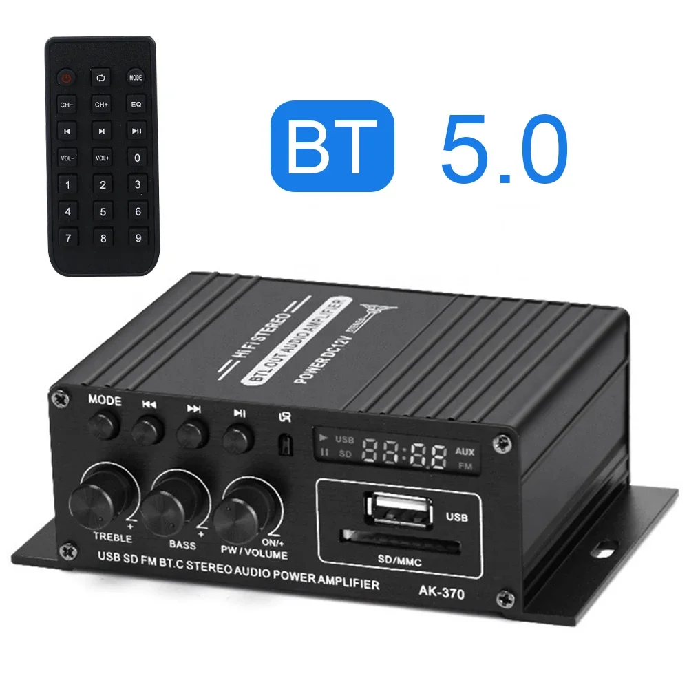 AK-370 Bluetooth-kompatibler Verstärker 2,0 Kanal Auto Music Subwoofer Lautsprecher DC 12V Audio verstärker Board Stereo USB otg Eingang Image
