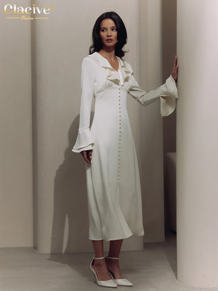 Clacive Bodycon Beige Satin Frauen Kleid 2024 lässig Rüschen kragen Langarm Midi Kleider elegante klassische solide weibliche Kleid